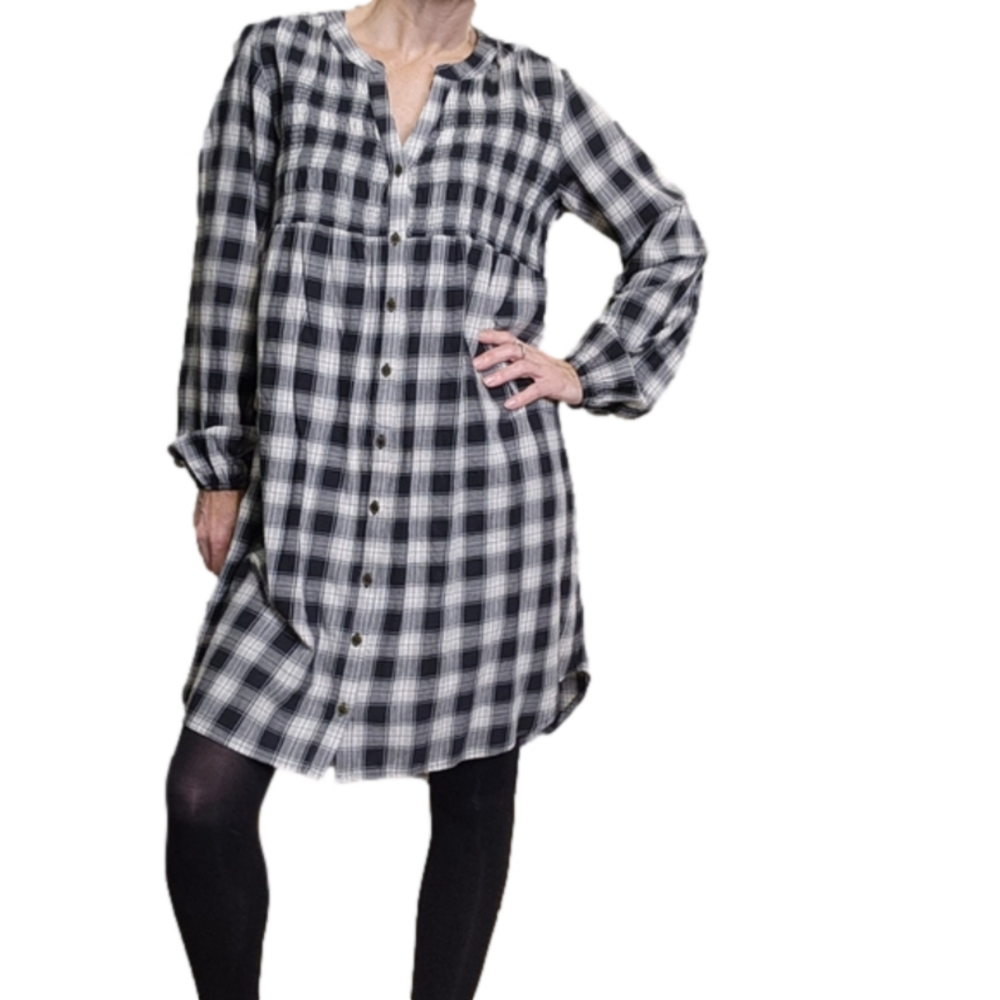 Mini shirt Dress Plaid Button down Country dress Black Cream Size S-M KNOX ROSE